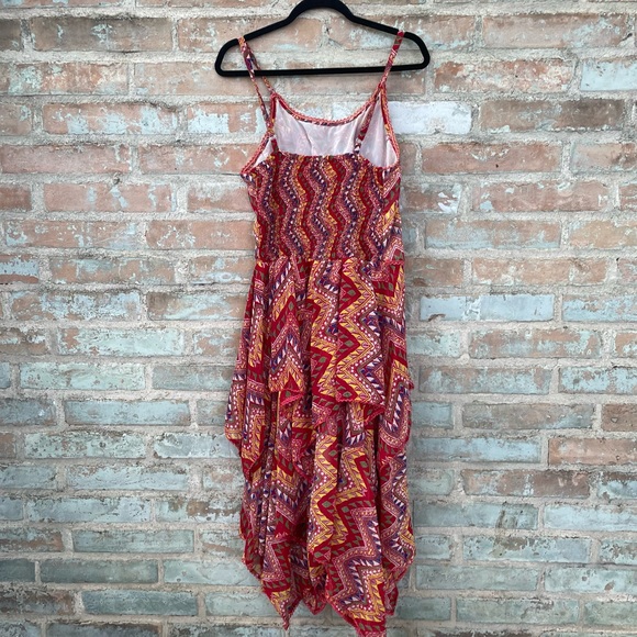 Tiered Maxi Dress Boho Red Lace Up Ruffled Handkerchief Hem Midi Sundress - Picture 14 of 15